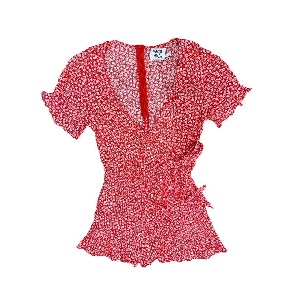 Princess Polly Poppy Moore Floral Wrap Romper | Red & White Floral Mini Playsuit - Picture 4 of 8